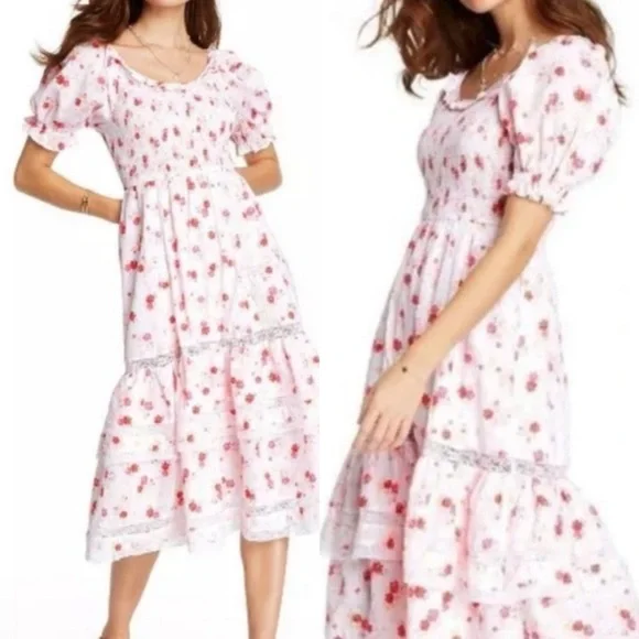 LoveShackFancy X Target Cosette Floral Midi Dress Smocked Cottagecore Lace Pink - Picture 13 of 14
